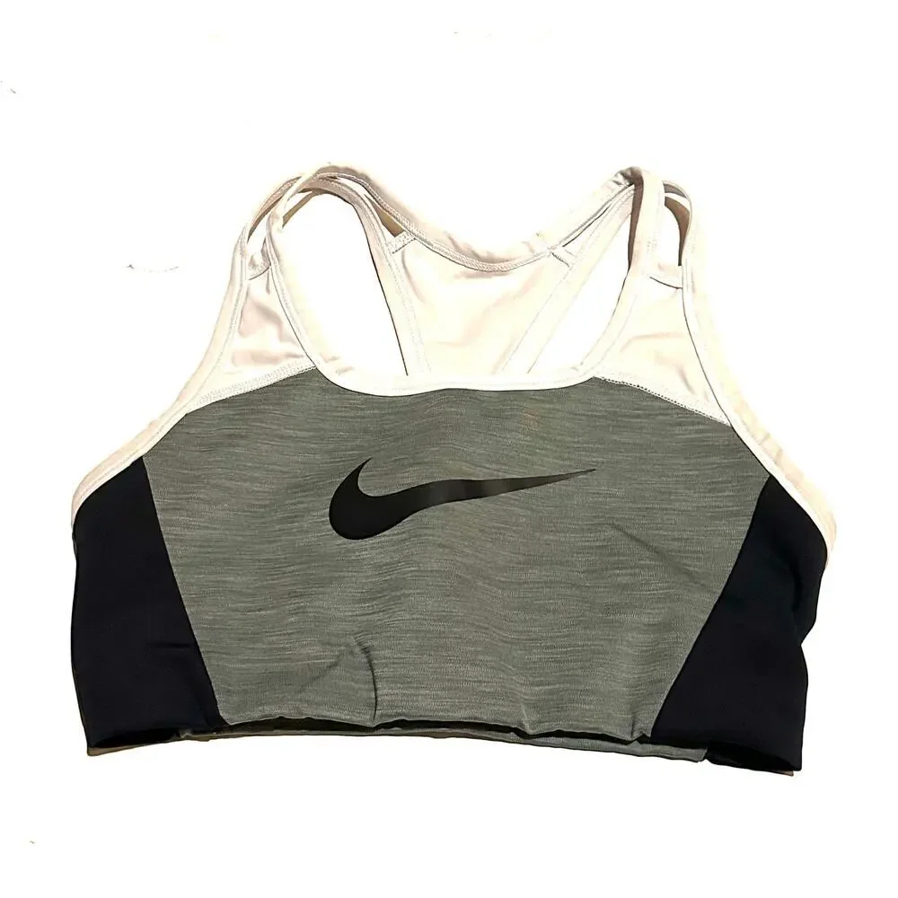 Nike Dri-Fit Strappy Back Neutral Gray Logo Sports Bra Women's Medium